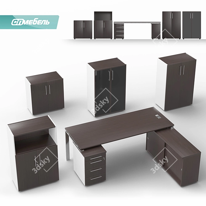 Bent Desk Set with Metal Frame for Manager 3D model image 1