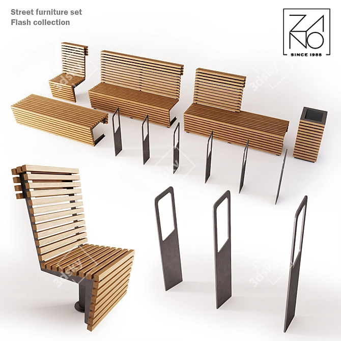 Modern Urban Bench and Bin Set 3D model image 1