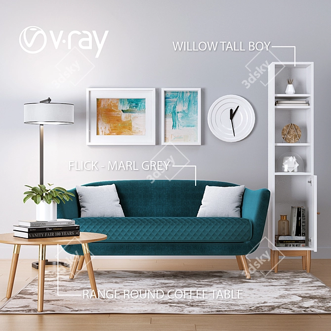 Mineral Blue Nordic Sofa and Oak Furniture Set 3D model image 1