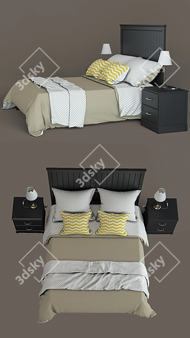 Title: Undredal Bedroom Set with Black Bed Frame, Two-Drawer Dresser, and Brass Table Lamp 3D model image 2