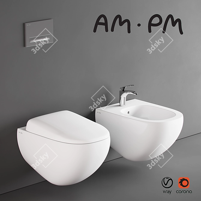 Sleek Flush: Wall-Hung Toilet & Bidet Set 3D model image 1