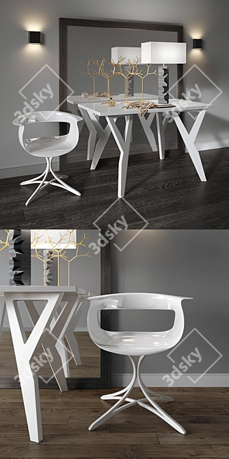 Elegant Mirror Table & Chair 3D model image 2