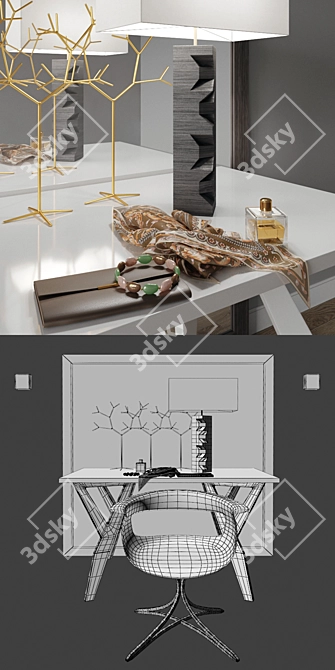 Elegant Mirror Table & Chair 3D model image 3