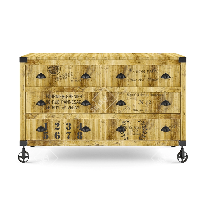 Industrial Mango Wood Buffet with Wheels 3D model image 2