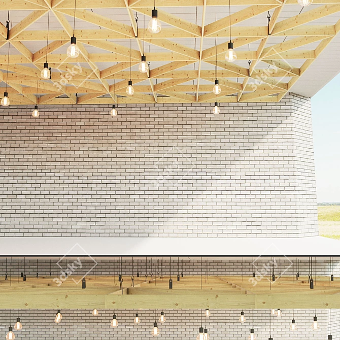 Wooden Suspended Ceiling with Edison Pendant Lights 3D model image 2