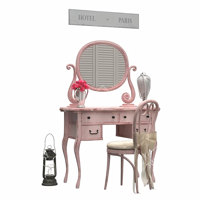 Classic Vanity Set with Mirror and Stool 3D model image 1