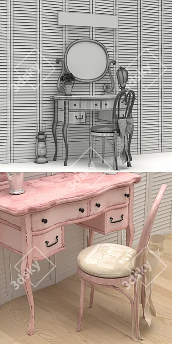 Classic Vanity Set with Mirror and Stool 3D model image 3