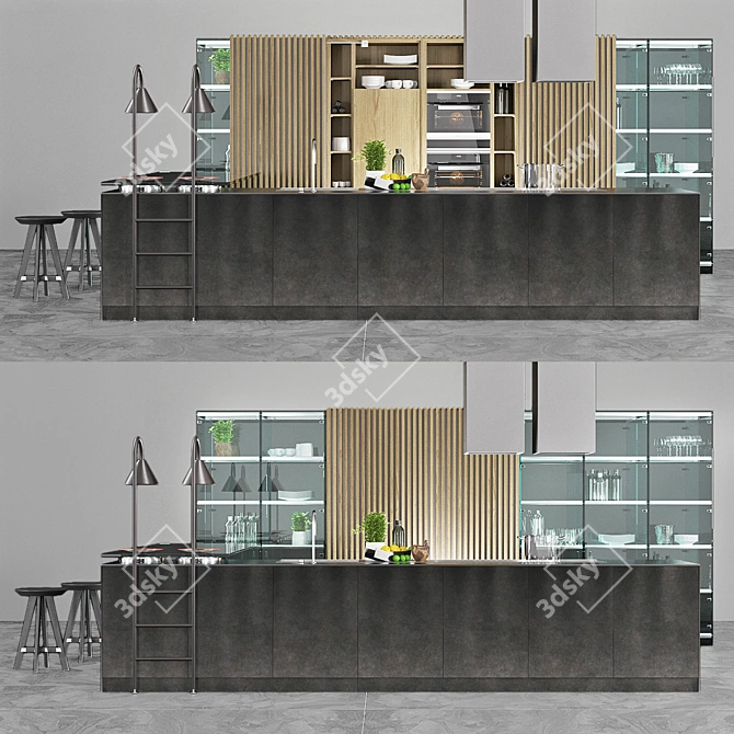 Sleek Glass and Metal Kitchen 3D model image 1