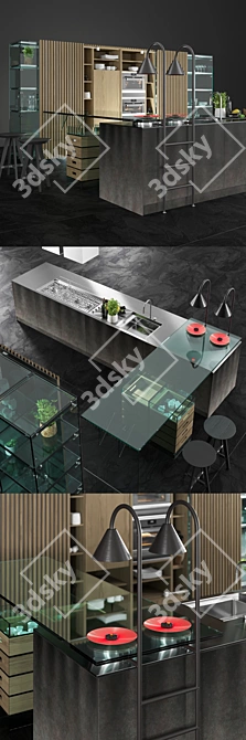 Sleek Glass and Metal Kitchen 3D model image 2