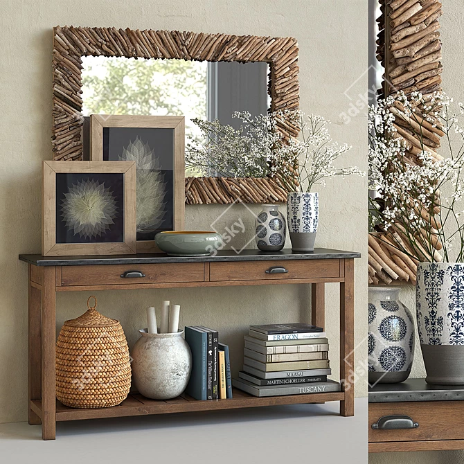 Elegant Pottery Barn Set: Channing Console Table, Driftwood Mirror & Lilian Vases 3D model image 1