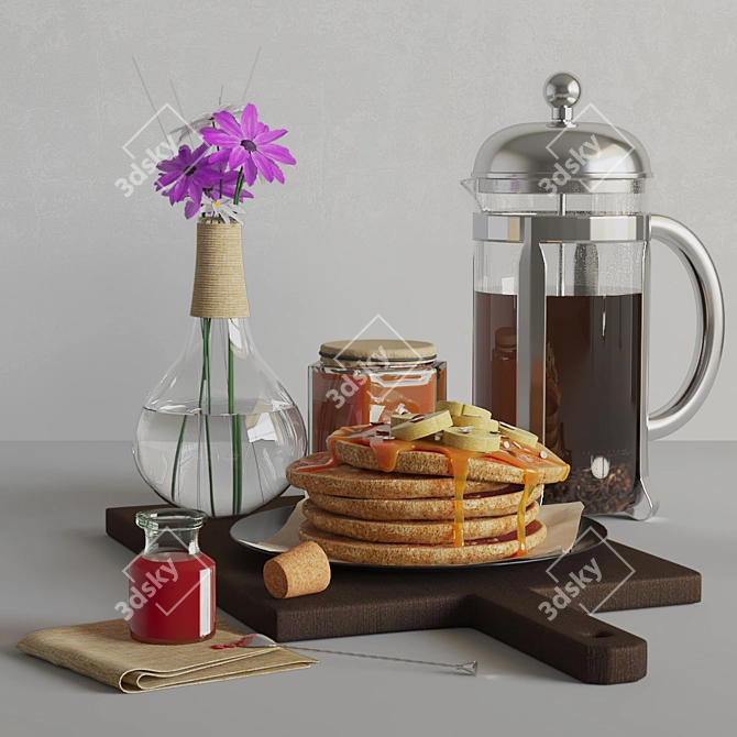 Breakfast Bliss: Pancakes & Tea 3D model image 2