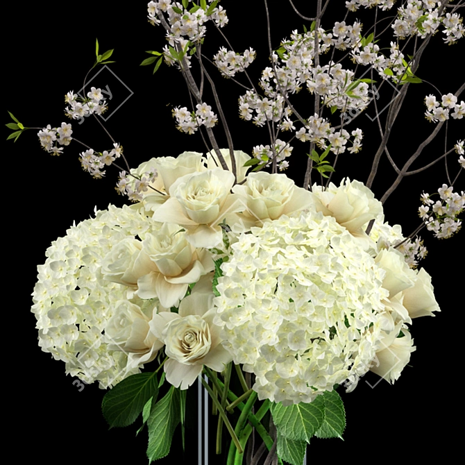 Realistic White Bouquet in Glass Vase 3D model image 2