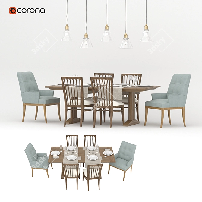 Elegant Dining Room Set: Table, Chairs, Armchairs, and Lamps 3D model image 1