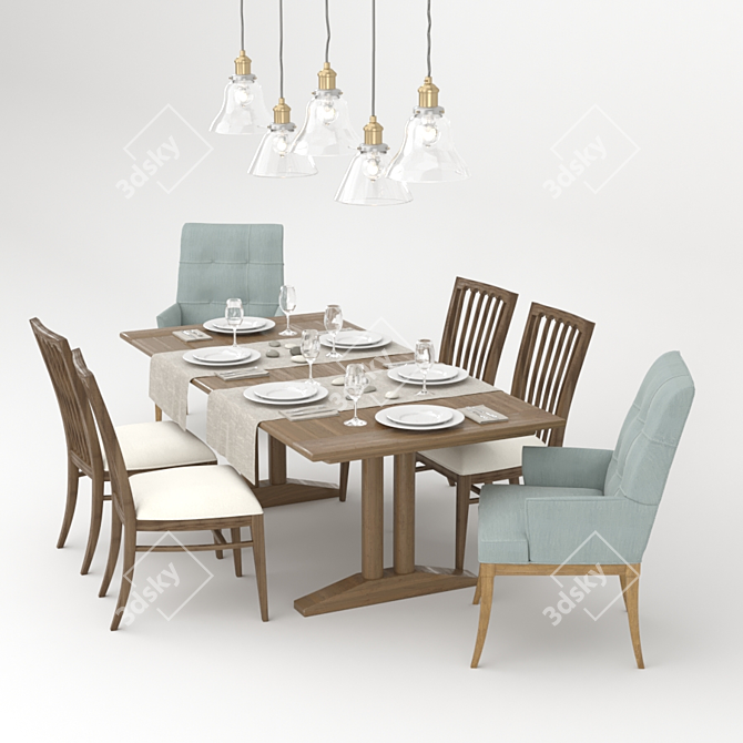 Elegant Dining Room Set: Table, Chairs, Armchairs, and Lamps 3D model image 2