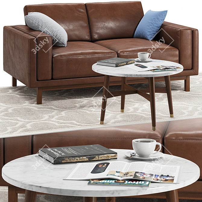 Modern Leather Sofa Set: Loveseat, Table & Rug 3D model image 2