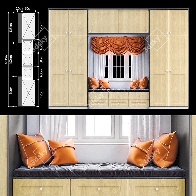 Stylish Shaker-Beaded Wardrobe with Window Seat 3D model image 1