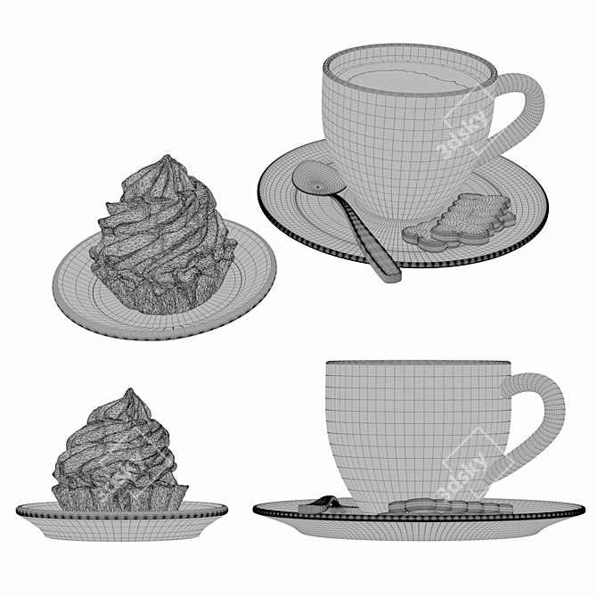 Coffee Bliss: Cup & Cake Delight 3D model image 2