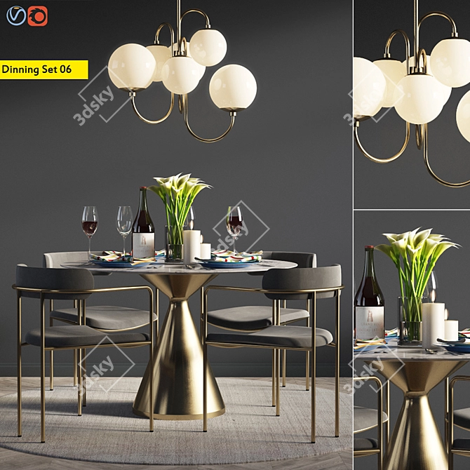 Modern Brass and Wood Dining Set 3D model image 1