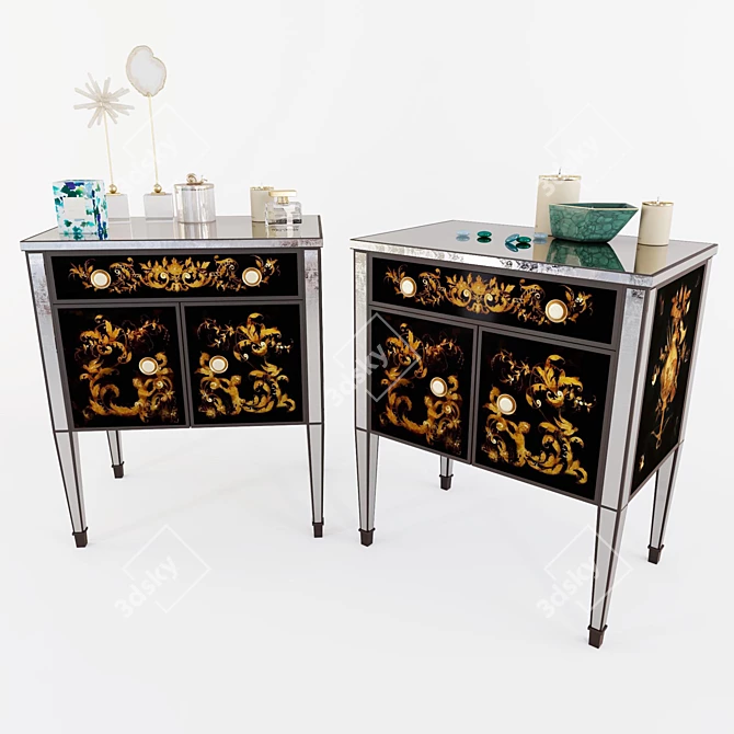 Vintage Jansen Mirror & Eglomise Nightstands 3D model image 1