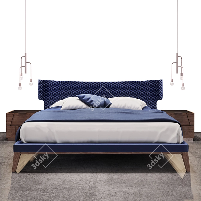 Velvet Slash Bed & Nightstands with Aged Brass Accents 3D model image 1