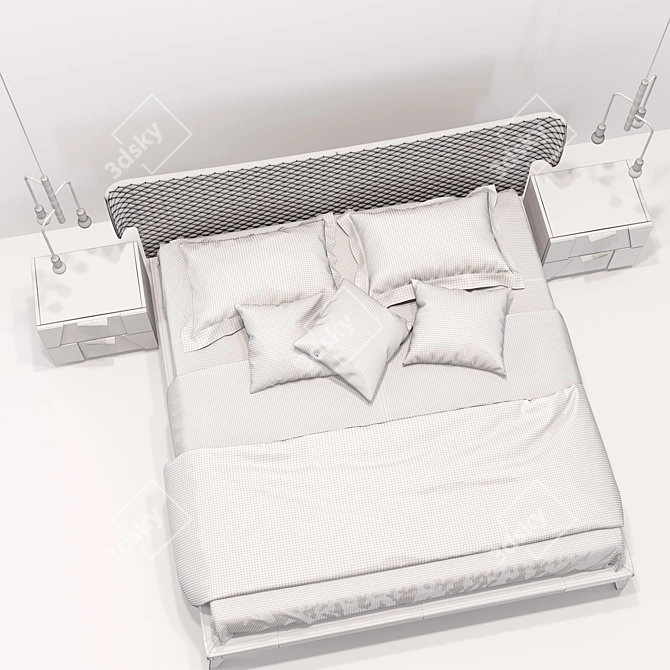 Velvet Slash Bed & Nightstands with Aged Brass Accents 3D model image 3