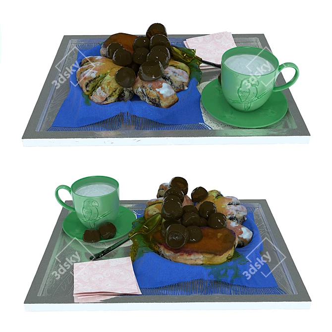 Summer Breakfast Delight: Poppy Seed Rolls, Chocolate Treats, Honey & Kefir 3D model image 1