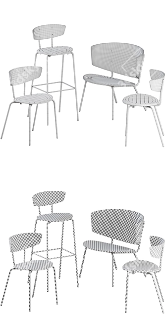 Modern Scandinavian Chairs & Stool Set 3D model image 3