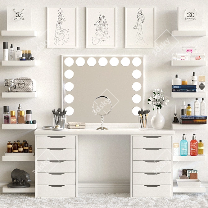3-in-1 Dressing Table: Makeup Mirror, Shelves, and Luxury Design 3D model image 1