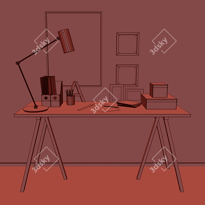 Rustic Wood and Metal Home Office Set 3D model image 2