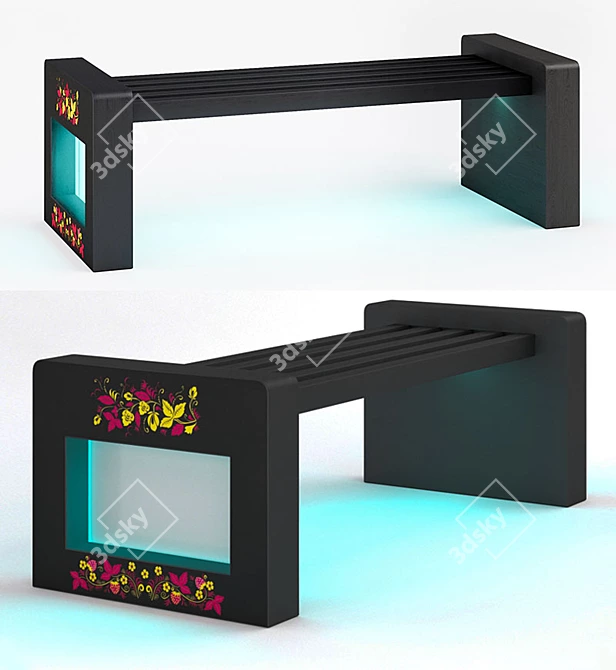 Title: Khokhloma-Inspired Illuminated Wooden Bench 3D model image 1