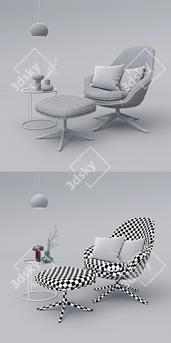 Title: Adelaide Velvet Chair & Ottoman Set 3D model image 2