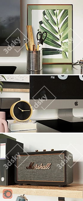 Modern Workstation Set: Desk, Chair, Clock, Lamp, Speaker 3D model image 2