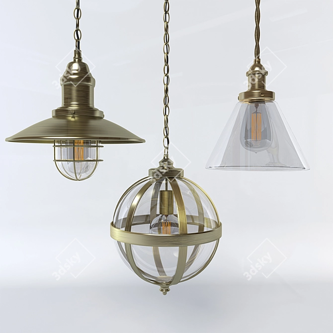 Antique Brass Pendant Lighting Set 3D model image 1