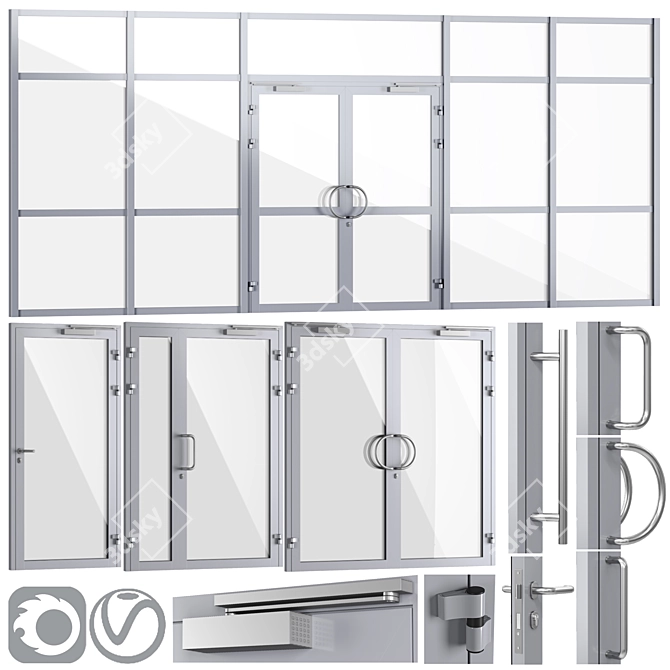 Fireproof Glass Doors & Partitions + Handles 3D model image 1