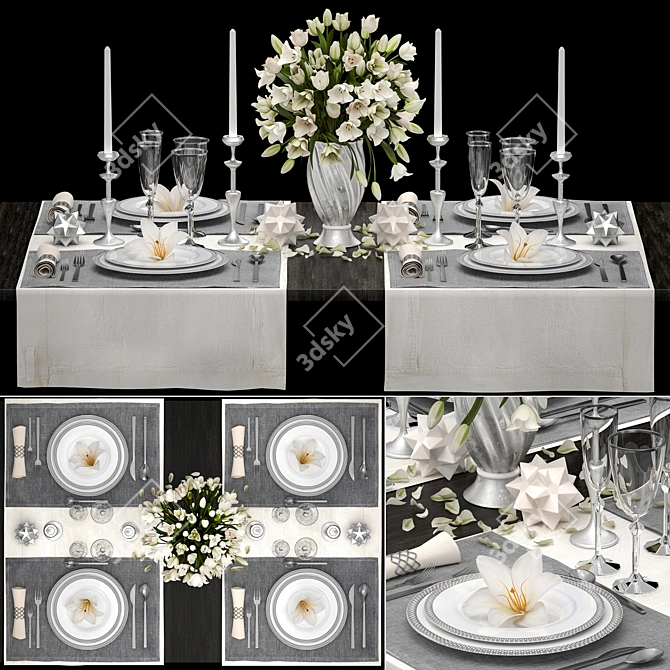 White Bouquet Table Setting 3D model image 1