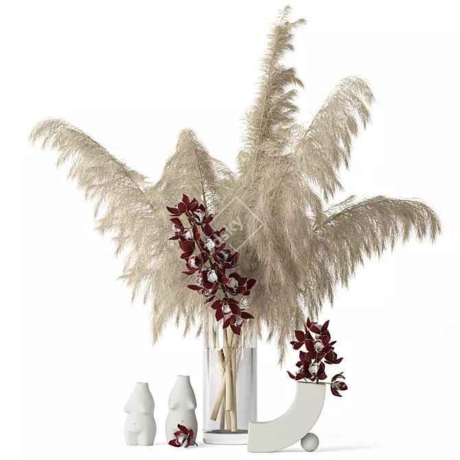 Realistic Pampas Grass & Cymbidium: Elegant Vases 3D model image 1