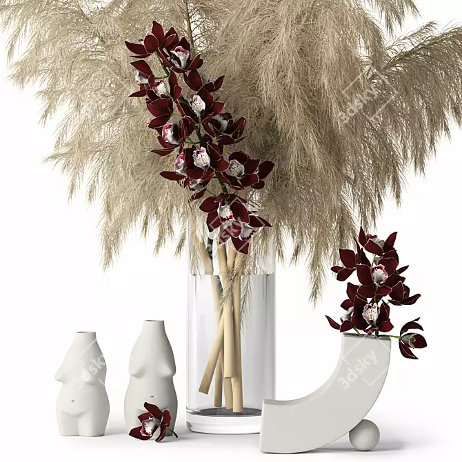 Realistic Pampas Grass & Cymbidium: Elegant Vases 3D model image 2