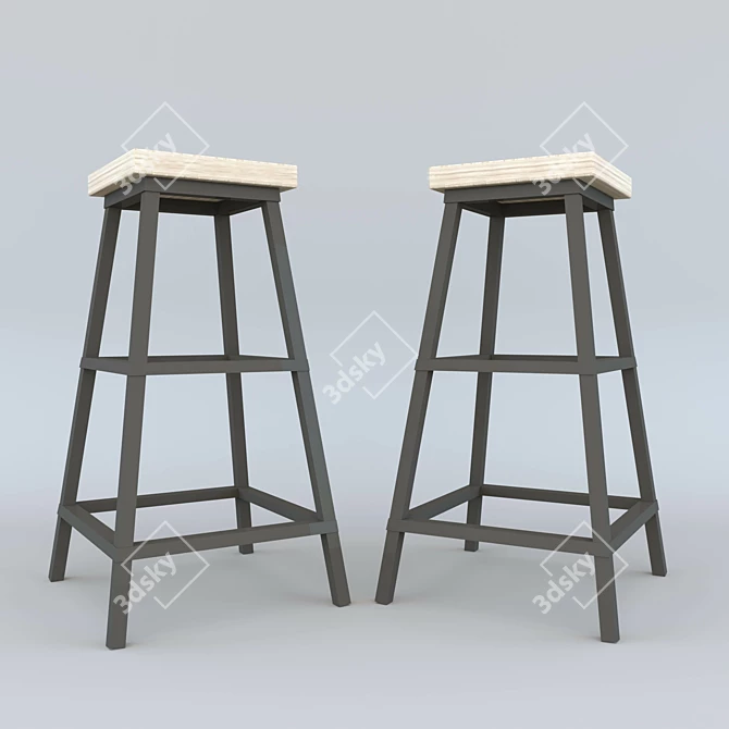 Rustic Wooden Metal Leg Stool 3D model image 2