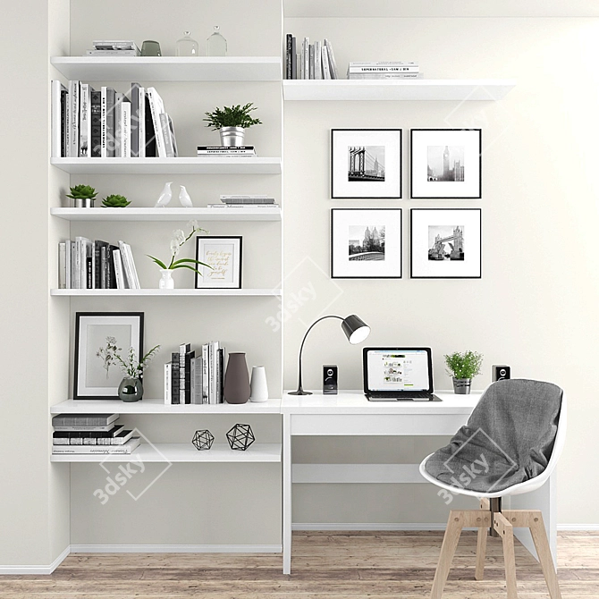 Stylish Decor Set: Table, Chair, Shelves, Laptop & Plants 3D model image 1