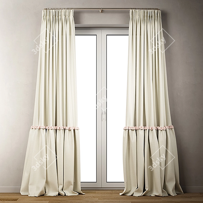 Cascading Cotton Curtains with Ruffles 3D model image 1