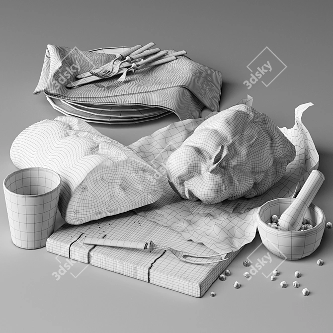 Gourmet Food Set: Ham & Bread 3D model image 2
