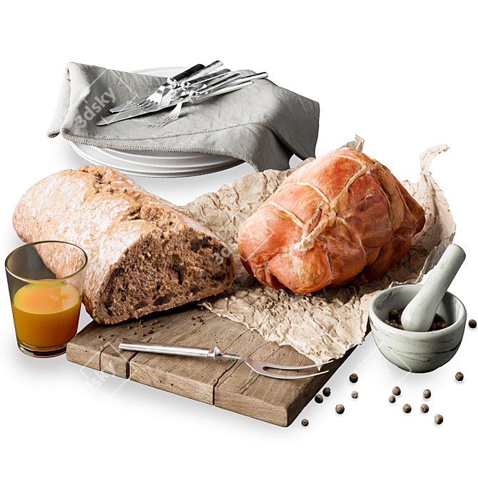 Gourmet Food Set: Ham & Bread 3D model image 3