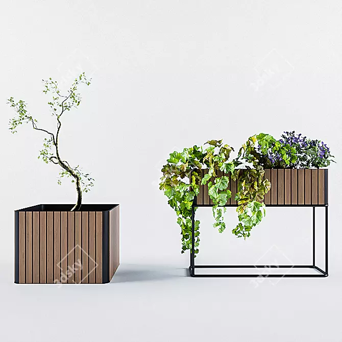 Modern Teak & Aluminium Planter 3D model image 1