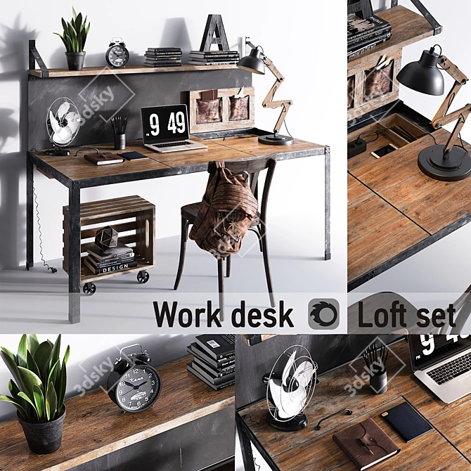 Loft Workspace Set | Desk, Chair, Lamp 3D model image 1