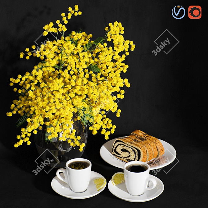 Gourmet Breakfast Set with Poppy Seed Bun & Coffee 3D model image 1