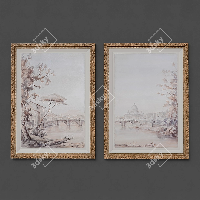 Golden Framed Watercolor Paintings Set 3D model image 1