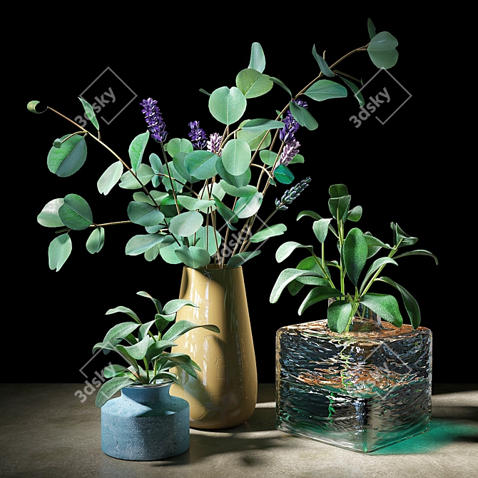 Lush Greenery Trio: Lamb's Ear, Eucalyptus, Lavender 3D model image 1