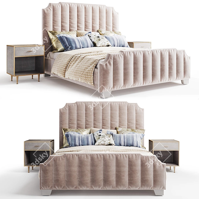 Luxurious Serenity: Shagreen Bed & Antique Brass Side Table 3D model image 1