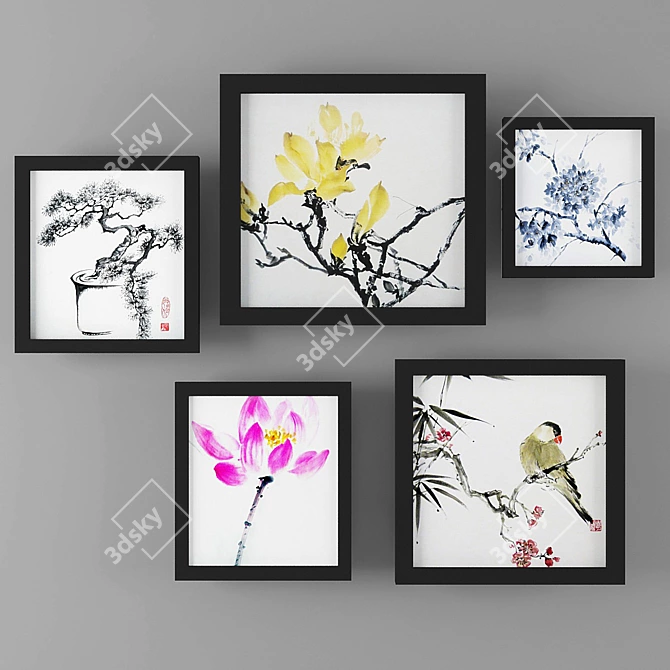 Japanese Sumi-e Picture Set 3D model image 1