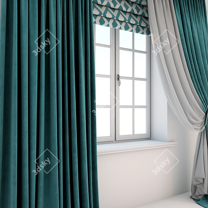 Turquoise Floor-Length Straight Curtains with Geometric Design 3D model image 2